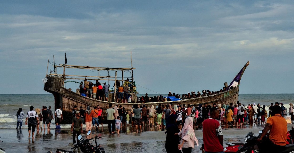 For representational purpose only.  A boat carrying Rohingya refugees at Leuge Beach in Indonesia's Aceh province on January 29, 2025. Photo: AFP