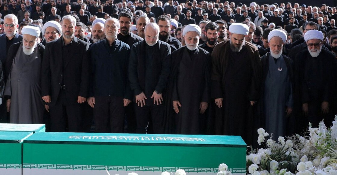 Iranian President Masoud Pezeshkian, Parliament Speaker Mohammad Baqer Qalibaf and Chief Justice Gholam-Hossein Mohseni Ejei attend prayers during the public farewell ceremony for late Supreme Leader Ali Khamenei at the Imam Khomeini Grand Mosalla in Tehran. Photo: Reuters