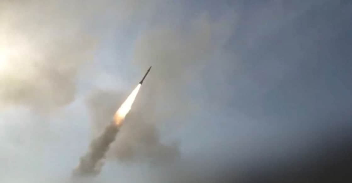 A screengrab from an Iranian state TV video, obtained by Reuters, shows an Iranian missile flying through the air at an unknown location. Photo: Iranian State TV/Handout via REUTERS