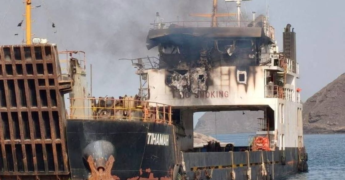 Damage on the cargo vessel Tihamah near Murad, Yemen, August 11, 2026. Yemen Ministry Of Transport handout via Reuters