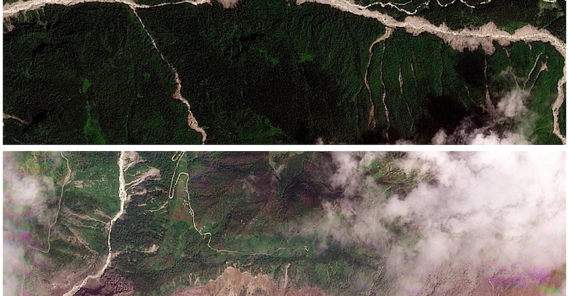 A combination of satellite images shows valleys near the Nepal-China border on August 25, 2026, before the devastating floods (T), and on August 26, 2026, after the disaster (B). 2026 Planet Labs PBC/Handout via Reuters