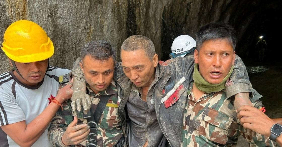 The Nepal Army search and rescue team rescues a Chinese national from a tunnel after the floods in Rasuwa, Nepal on September 5, 2026. Photo: Nepal Army/Reuters
