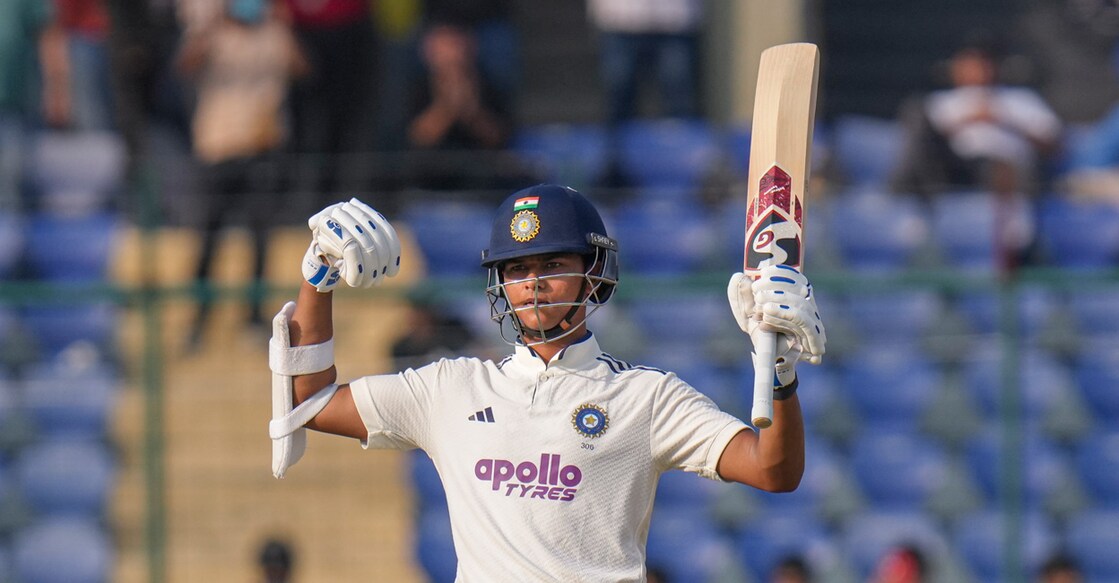 India opener Yashasvi Jaiswal celebrates his century against West Indies on day one of the second Test in Delhi on October 10, 2025. Photo: PTI