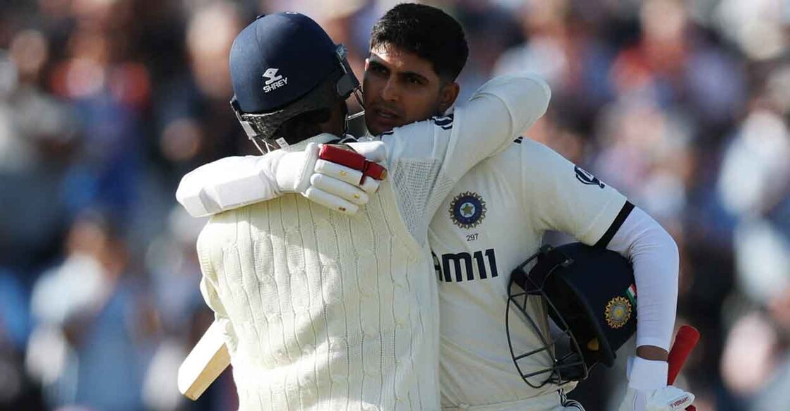  India's Shubman Gill celebrates with Ravindra Jadeja after reaching his century. Photo: Action Images via Reuters/Paul Childs