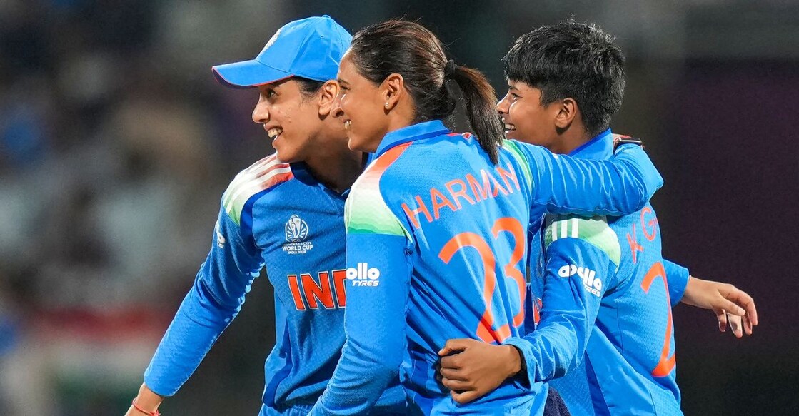Indian players celebrate during the match against New Zealand in the Women's World Cup. Photo: PTI