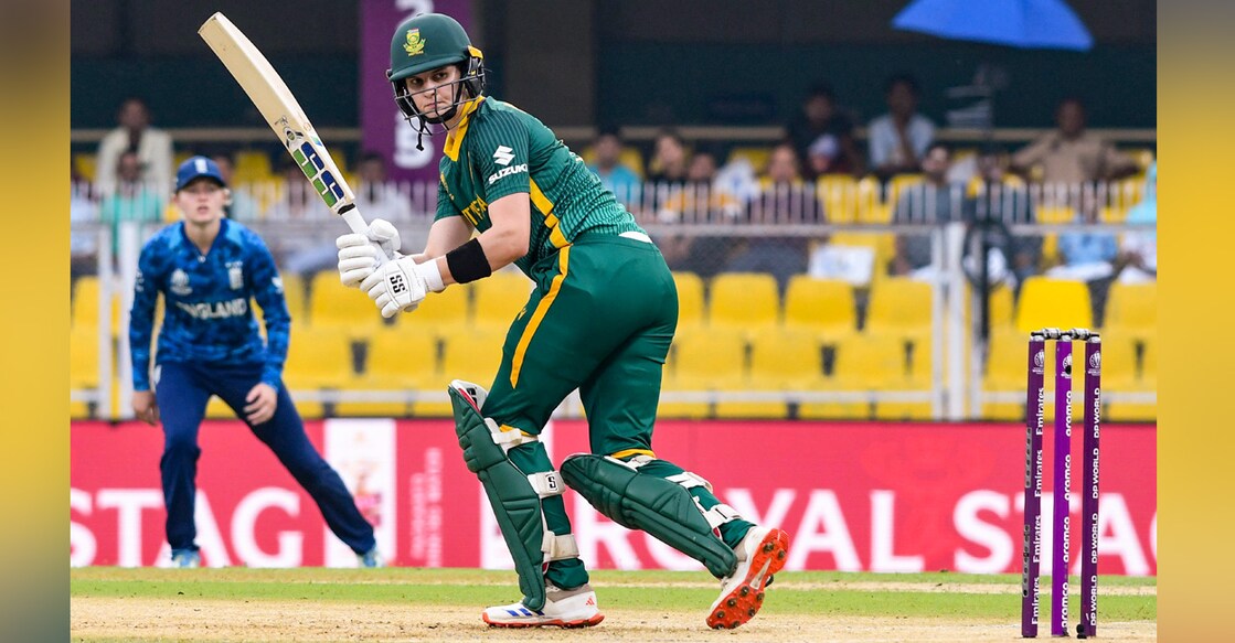 South Africa's Laura Wolvaardt plays a shot during the first semifinal of the ICC Women's Cricket World Cup against England at ACA Stadium in Guwahati on October 29, 2025. Photo: PTI
