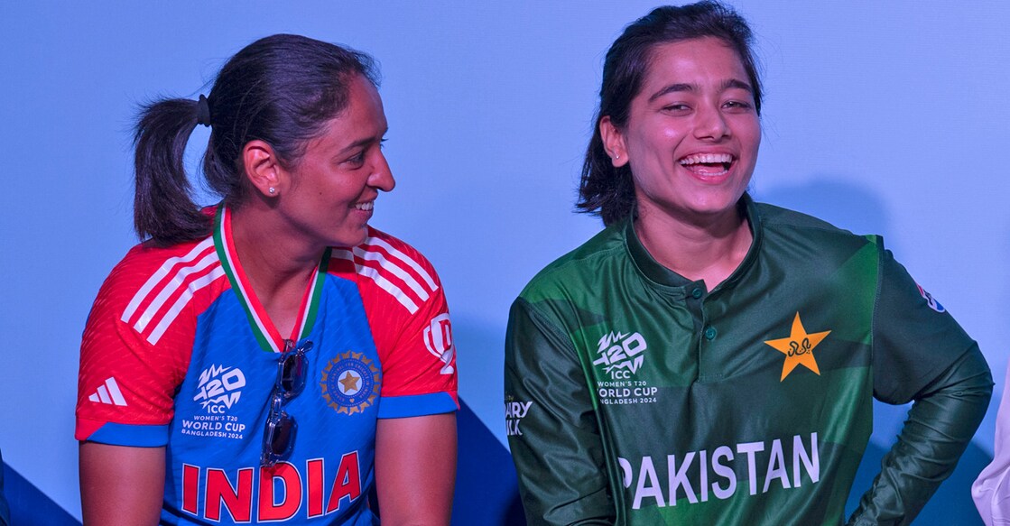 A file photo of Harmanpreet Kaur and Fatima Sana, captains of India and Pakistan respectively, during a panel session ahead of the Women's T20 World Cup at Dubai International Stadium in Dubai, United Arab Emirates, Wednesday, October, 2, 2024. File photo: AP/ Altaf Qadri 