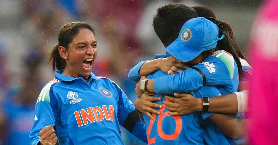 India's captain Harmanpreet Kaur and others celebrate the wicket of Australia's captain Alyssa Healy during an ICC Women's World Cup semifinal ODI cricket match between India Women and Australia Women, at the DY Patil Stadium, in Navi Mumbai, Thursday, Oct. 30, 2025. Photo: PTI