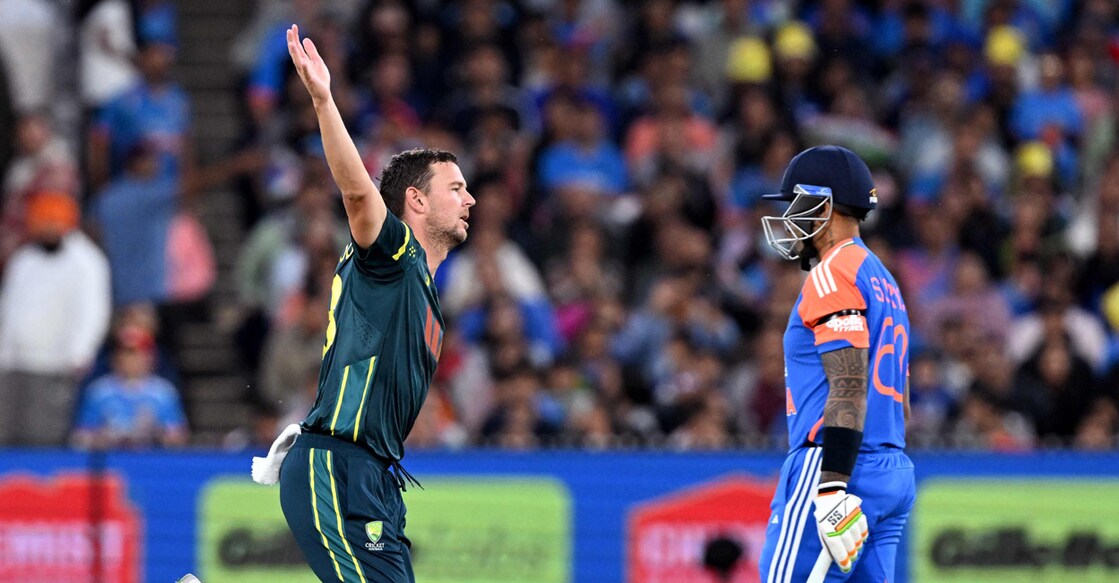 Australia's Josh Hazlewood celebrates dismissing India's Suryakumar Yadav during the second T20I at the Melbourne Cricket Ground (MCG) in Melbourne on October 31, 2025. Photo: AFP/ William West 
