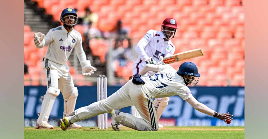 India's Sai Sudharsan (front) fields the ball during the third day of the first Test cricket match between India and West Indies. Photo: AFP