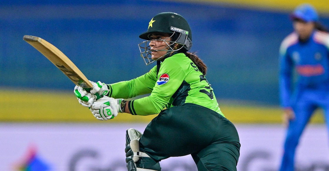 Pakistan's Sidra Amin watches the ball after playing a shot during the ICC Women's Cricket World Cup match against India at the R Premadasa International Cricket Stadium in Colombo on October 5, 2025. Photo: AFP/ Ishara S Kodikara 