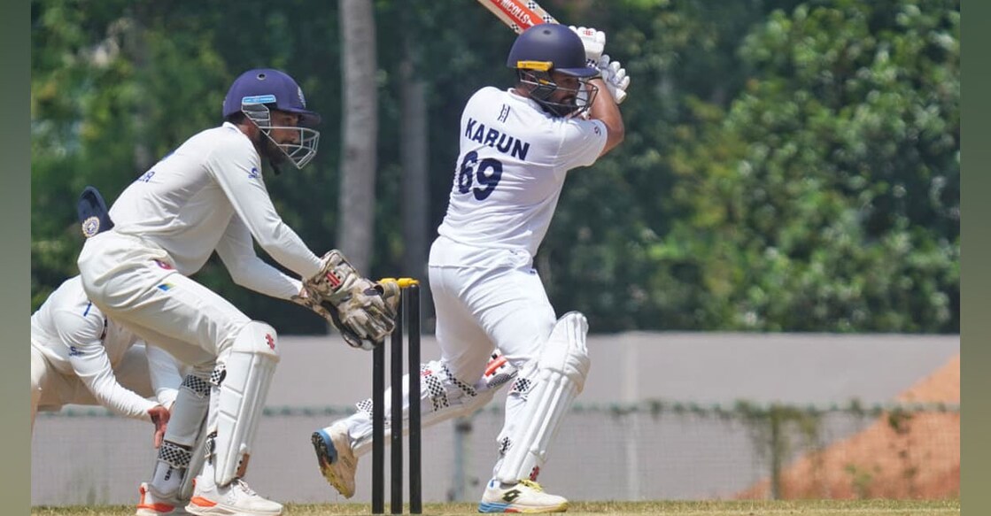 Karnataka's Karun Nair plays a shot against Kerala on Day 1 of a Ranji Trophy match at Mangalapuram in Thiruvananthapuram on November 1, 2025. Photo: KCA