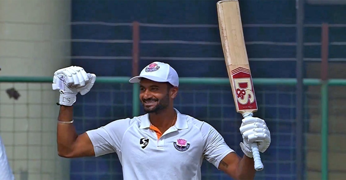 Qamran Iqbal celebrates scoring the winning runs for Jammu & Kashmir against Delhi in the Ranji Trophy in Delhi on November 11, 2025. Photo: Screengrab/@BCCIdomestic