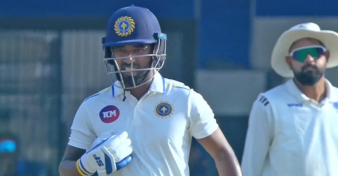 Kerala’s Sachin Baby reacts after scoring his fifty against Madhya Pradesh on Day 3 of the Ranji Trophy in Indore on November 18, 2025. Photo: Screengrab/Hotstar