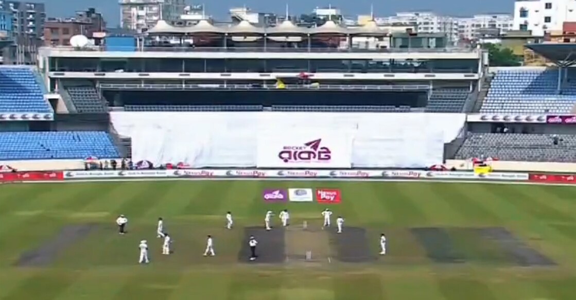 Players and umpires react during an earthquake that happened while the second session on Day 3 of the Test match between Bangladesh and Ireland was ongoing at Mirpur on November 21, 2025. Photo: X/@ICCAsiaCricket