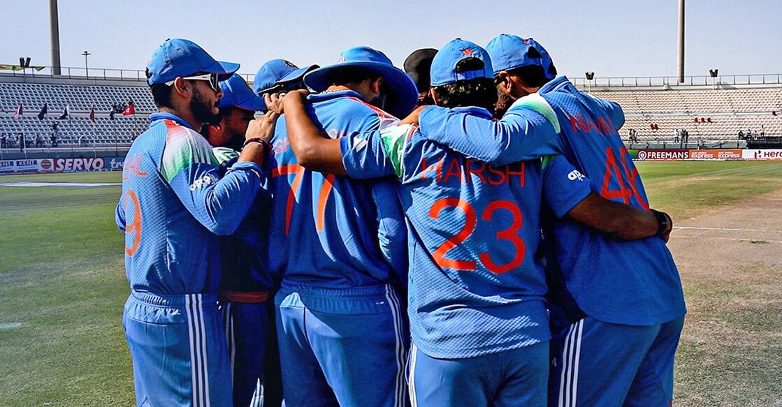 India A players huddle during their Asia Cup Rising Stars semifinal match against Bangladesh A in Doha on November 21, 2025. Photo: X/@BCCI