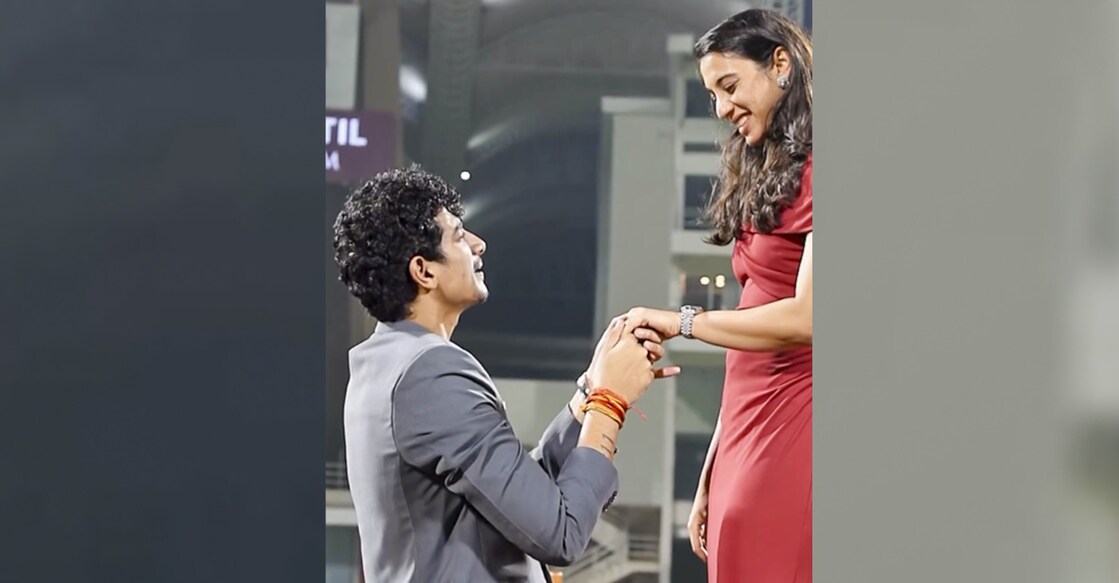 A file photo shared by Palash Munchal on his Instagram of him proposing to Smriti Mandhana at the DY Patil Stadium in Navi Mumbai. 
