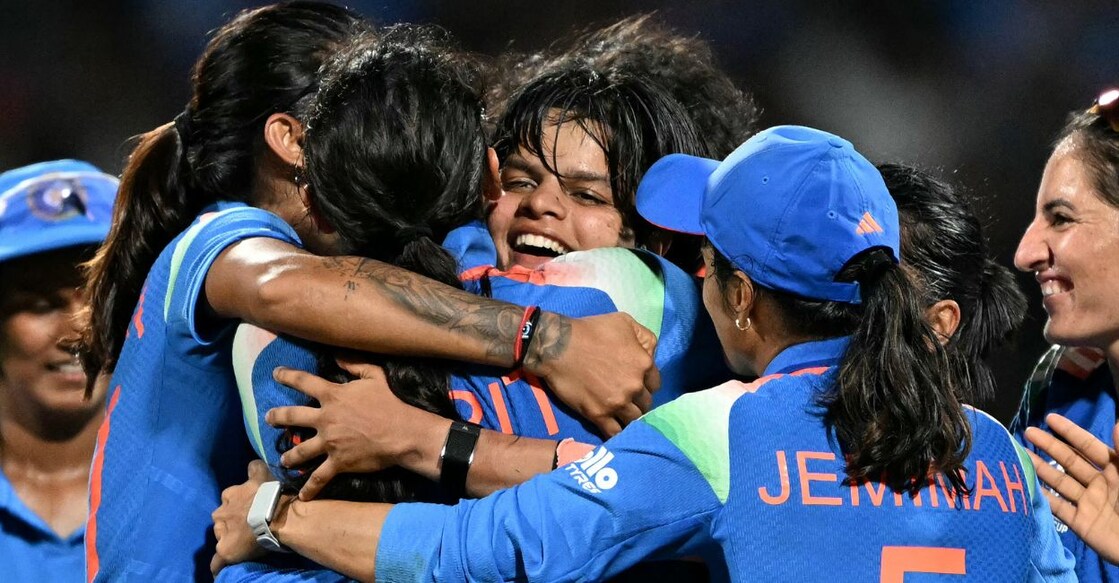 Indian players celebrate during the match. Photo: AFP