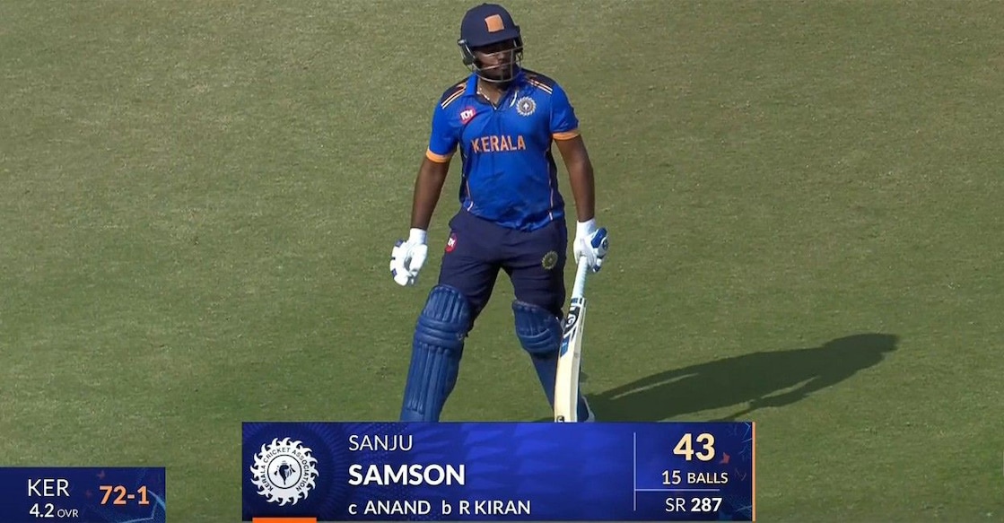 Sanju Samson hit five sixes in his 15-ball 43 for Kerala against Chhattisgarh in the Syed Mushtaq Ali Trophy T20 in Lucknow on November 30, 2025. Photo: Screengrab/Hotstar
