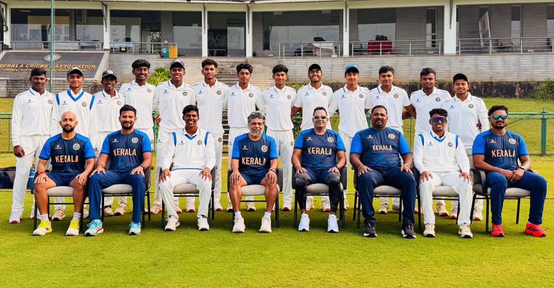 Kerala’s U-19 cricket team competing in the Cooch Behar Trophy with staff. Photo: Special arrangement