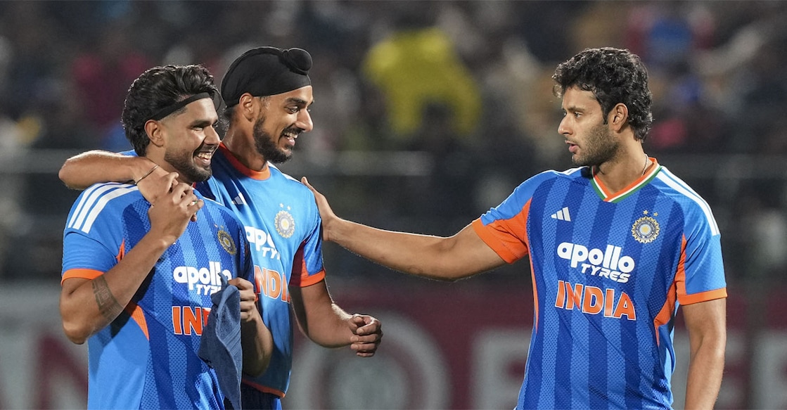 Harshit Rana, Arshdeep Singh and Shivam Dube celebrate a wicket during the third T20 International cricket match of a series between India and South Africa, at HPCA Stadium, in Dharamshala. Photo: PTI