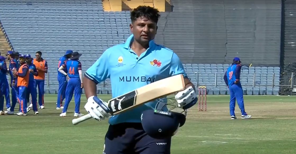Sarfaraz Khan walks back after a 21-ball 73 for Mumbai against Rajasthan in a Super League match of the Syed Mushtaq Ali Trophy T20 in Pune on December 16, 2025. Photo: Screengrab/Hotstar