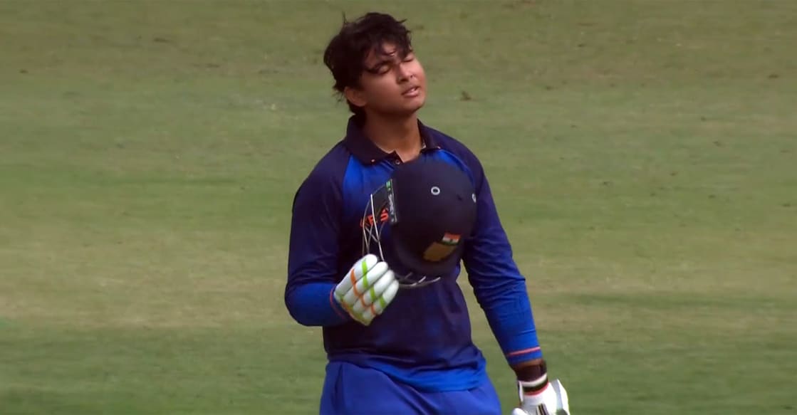 Vaibhav Suryavanshi celebrates his century for Bihar against Maharashtra in the Syed Mushtaq Ali T20 Trophy at the Eden Gardens in Kolkata on December 2, 2025. Photo: Screengrab/Hotstar