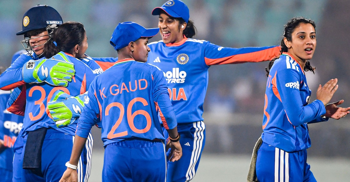 Indian players celebrate the wicket of Sri Lanka's captain Chamari Athapaththu during the second T20I in Visakhapatnam on December 23, 2025. Photo: PTI