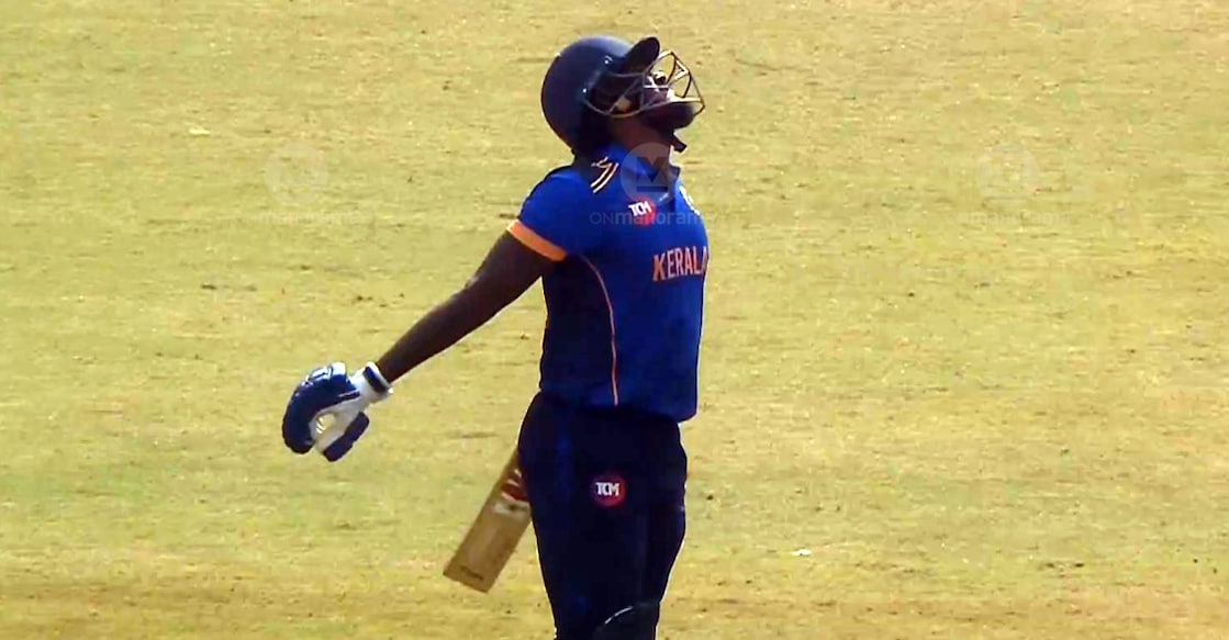 Kerala’s N M Sharafuddeen reacts during the match against Assam in the Syed Mushtaq Ali Trophy T20 in Lucknow on December 8, 2025. Photo: Screengrab/Hotstar
