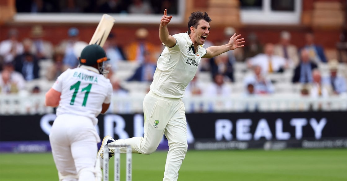wtc-final-cummins Australia's Pat Cummins celebrates after taking the wicket of South Africa's Temba Bavuma. Photo: Action Images via Reuters/Andrew Boyers