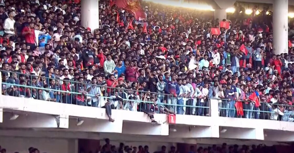 A crowded section of the gallery of the M Chinnaswamy Stadium in Bengaluru during RCB's celebrations on June 4, 2025. Photo: Screengrab/Hotstar