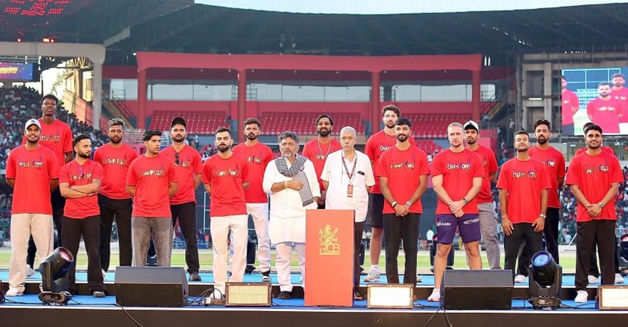 Karnataka Deputy CM D K Shivakumar attends RCB's celebrations inside M Chinnaswamy Stadium in Bengaluru on June 4, 2025. Photo: X/@BJP4Karnataka