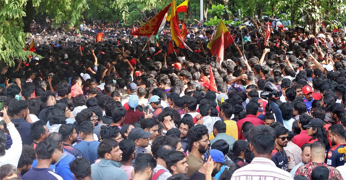 People gather to celebrate Royal Challengers Bengaluru's first Indian Premier League (IPL) title win, outside the Chinnaswamy Stadium in Bengaluru on June 4, 2025. Photo: Reuters

