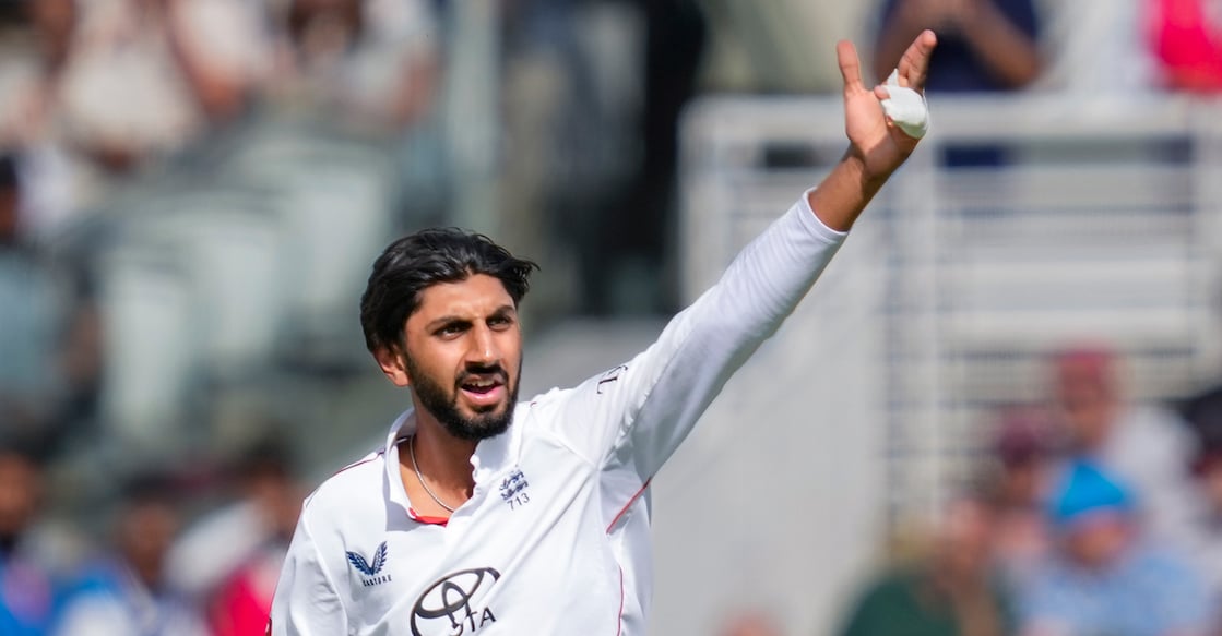 PTI07_14_2025_000501B England's Shoaib Bashir gestures during the fifth day of the third Test against India at the Lord's Cricket Ground, in London on July 14, 2025. Photo: PTI