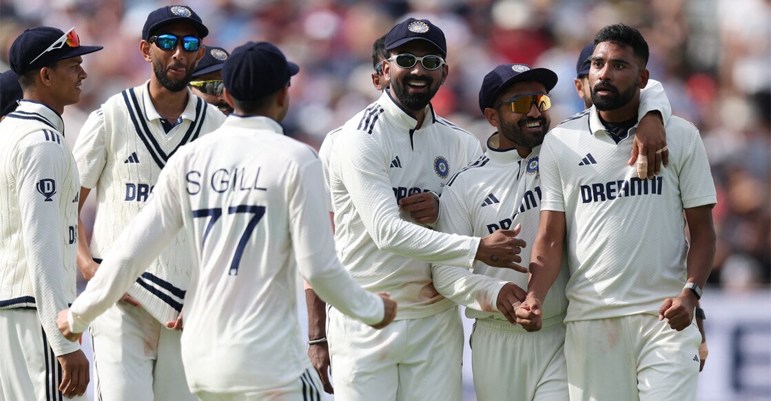 India's Mohammed Siraj celebrates with teammates after taking the wicket of England's Brydon Carse on Day 3 of the second Test at Edgbaston on July 4, 2025. Photo: Reuters/Paul Childs