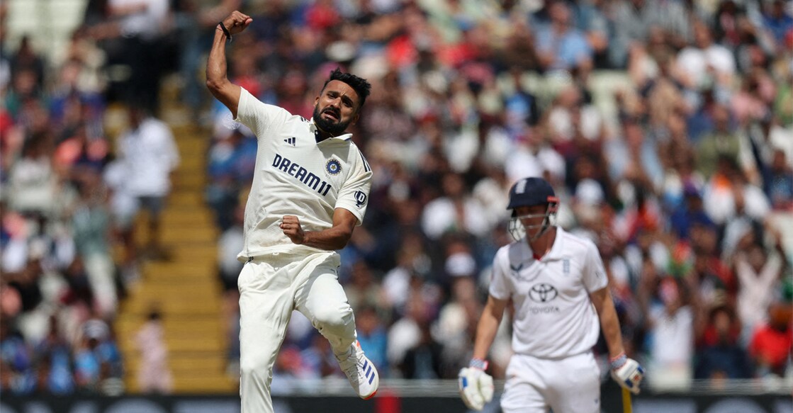 India's Akash Deep celebrates after taking the wicket of England's Ollie Pope on Day 5 of the second Test at Edgbaston on July 6, 2025. Photo: Reuters/Paul Childs 