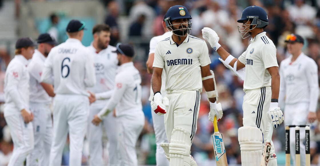 India's Akash Deep with Yashasvi Jaiswal after losing his wicket on the third day of the fifth Test against England at The Oval on August 2, 2025. Photo: Reuters/Paul Childs