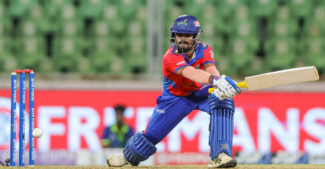 Akhil MS of Kollam Sailors plays a shot against Thrissur Titans in a Kerala Cricket League match at the Greenfield Stadium in Thiruvananthapuram on August 29, 2025. Photo: KCA