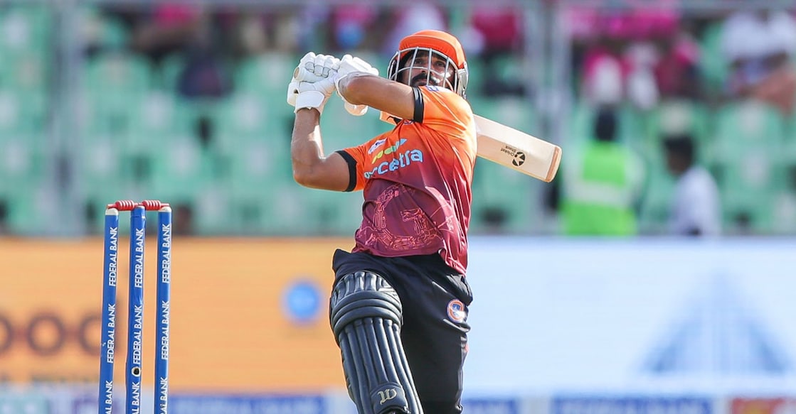 Salman Nizar of Calicut Globstars bats against Trivandrum Royals in a Kerala Cricket League match at the Greenfield Stadium in Thiruvananthapuram on August 30, 2025. Photo: KCA