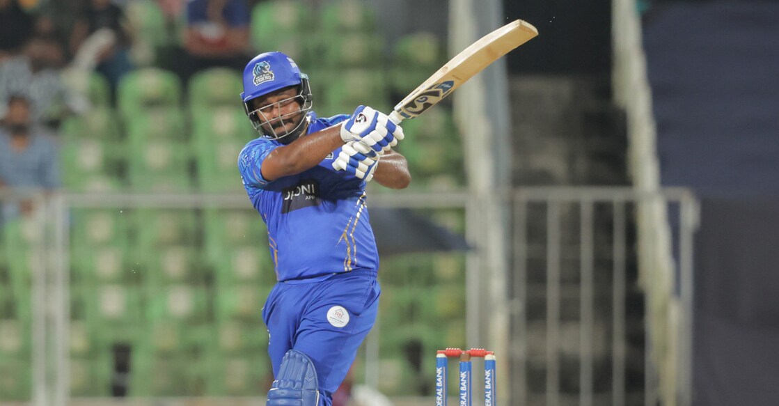 Sanju Samson plays a shot for Kochi Blue Tigers against Alleppey Ripples in the Kerala Cricket League at the Greenfield Stadium in Thiruvananthapuram on August 31, 2025. Photo: KCA