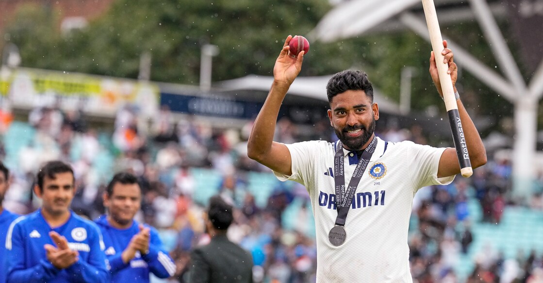Mohammed Siraj poses after being named the 'player of the match' following India's win in the fifth Test against England, at The Oval cricket ground, in London, on August 4, 2025. Photo: PTI