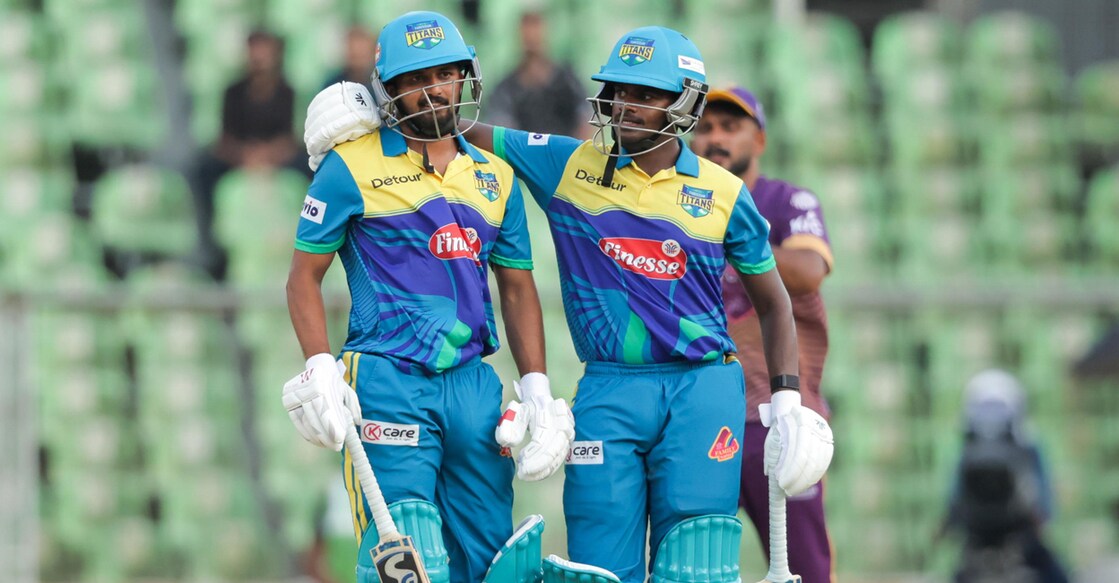 Ajinas K and Shoun Roger of Thrissur Titans celebrate their victory against Alleppey Ripples in the KCL at the Greenfield Stadium in Thiruvananthapuram on September 1, 2025. Photo: KCA