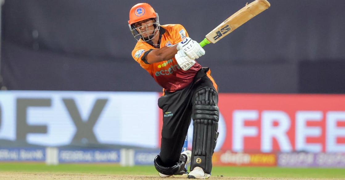 Krishna Devan of Calicut Globstars plays a shot against Kollam Sailors in the Kerala Cricket League (KCL-2) at the Greenfield Stadium in Thiruvananthapuram on September 1, 2025. Photo: KCA