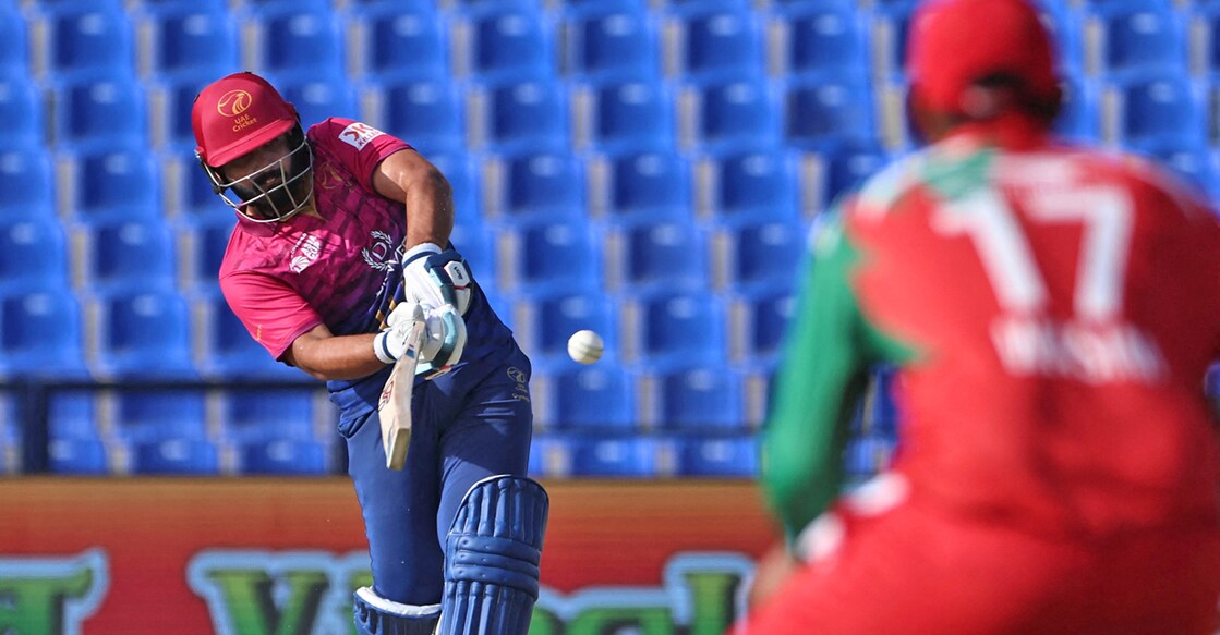 UAE's Alishan Sharafu plays a shot during the Asia Cup match against Oman at the Sheikh Zayed Cricket Stadium in Abu Dhabi on September 15, 2025. Photo: AFP/ Fadel Senna 