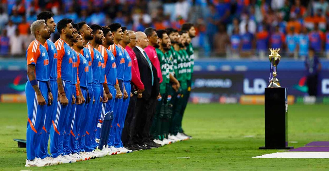 India and Pakistan players line up for national anthems before the Asia Cup match in Dubai. File Photo: Reuters/Raghed Waked
