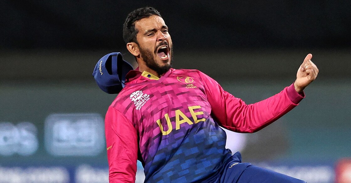 C P Rizwan captained the UAE in the 2022 T20 World Cup. He scored an unbeaten 43 as the UAE registered their first World Cup win by defeating Namibia by 7 runs. File photo: AFP