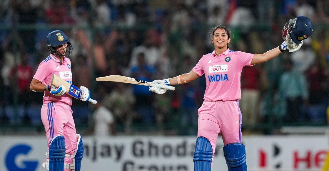 India's Smriti Mandhana celebrates her century against Australia in the third ODI in New Delhi on September 20, 2025. Photo: PTI