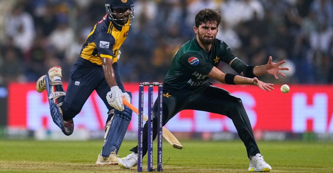 Pakistan's Shaheen Shah Afridi unsuccessfully tries to run out Sri Lanka's Chamika Karunaratne during the Asia Cup match at Zayed Cricket Stadium in Abu Dhabi on September 23, 2025. Photo: PTI