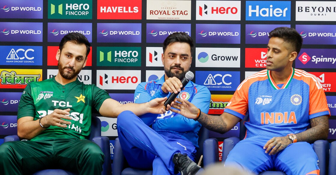 Salman Ali Agha, Rashid Khan and Suryakumar Yadav, captains of Pakistan, Afghanistan and India respectively during a media interaction ahead of the Asia Cup in Dubai. Photo: PTI

