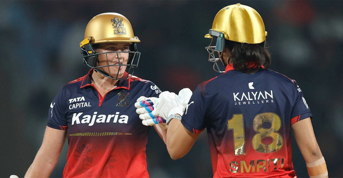 Grace Harris and Smriti Mandhana during their 137-run stand for RCB against UP Warriorz in the WPL at the DY Patil Stadium in Mumbai on January 12, 2026. Photo: X/@wplt20